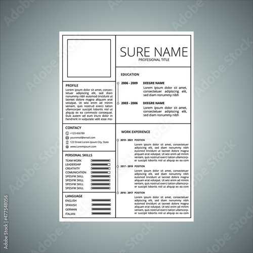 The resume design can be filled with photos, white backgrounds that are detailed and modern. This resume will provide more value in applying for jobs. with adjustable size