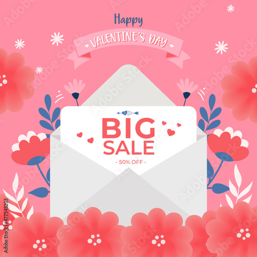 Happy Valentine day flower background with Big Sale flat design. Email offer with envelope art illustration template design. Greeting card design.