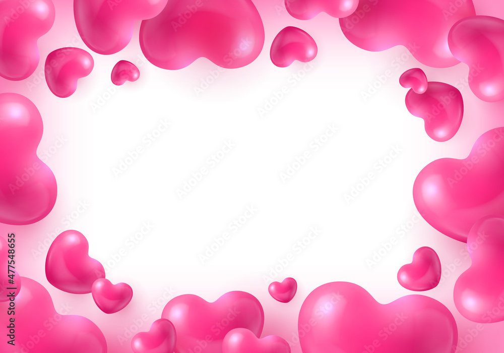 Glossy heart shaped pink balloons abstract festive banner. Romantic event, happy birthday background with glossy 3d hearts and space for text realistic vector illustration