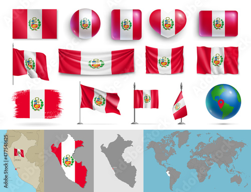 Peru flags of various shapes and country map set. Realistic Peruvian flags, glossy buttons in patriotic colors, geographic map and globe with identification pin vector illustration