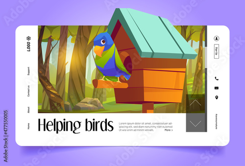 Helping birds cartoon landing page. Cute birdie sitting on wooden perch of birdhouse in summer forest or park. Animal wildlife, home, feeder or nest crafts, nature protection, Vector web banner