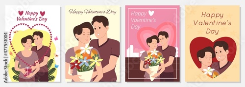 Happy Valentine's Day set of cards, posters, postcards with the image of a happy romantic couple in love in A4 format.