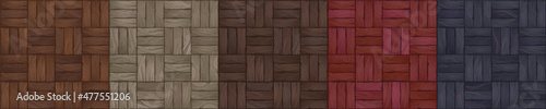 Textures of color wood parquet for game background. Vector cartoon seamless patterns of top view of wooden floor surface, old vintage laminate from timber boards