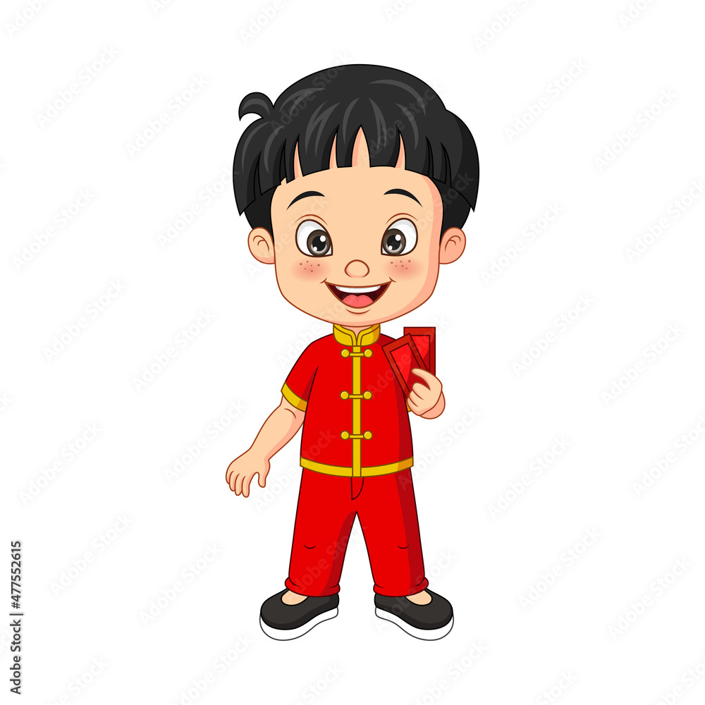 Cartoon happy chinese boy holding a envelope