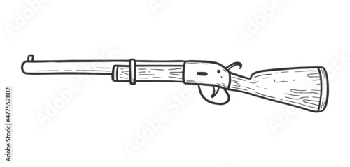 Hand drawn shot gun element. Doodle sketch style. Drawing line simple hunting rifle icon. Isolated vector illustration.