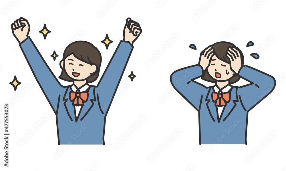 ガッツポーズと悩んでいる学生の女の子のイラスト素材セット ガッツポーズと悩んでいる学生の女の子のイラスト素材セット