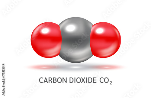 Carbon Dioxide CO2 molecule models grey and chemical formulas scientific. Ecology and biochemistry concept. Air pollution emissions contamination with industrial pipes. Isolated spheres 3D Vector.
