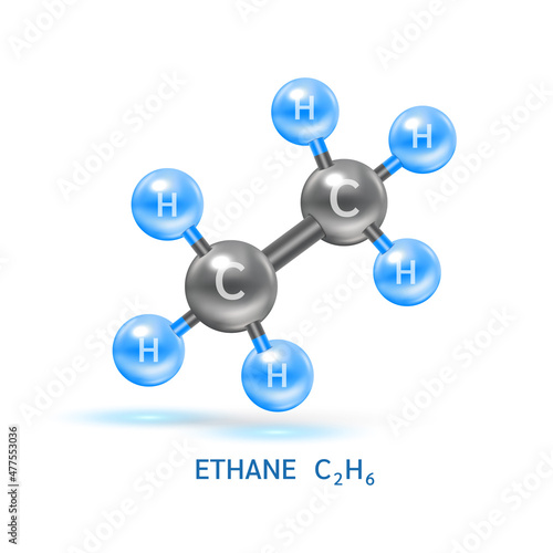 Ethane gas molecule models and Physical chemical formulas. Natural gas combustible gaseous fuel. Ecology and biochemistry science concept. Isolated on white background. 3D Vector Illustration.