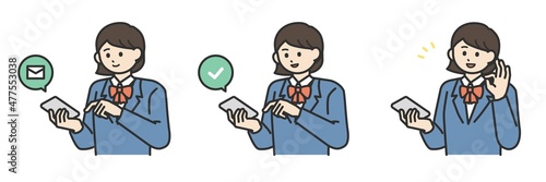 スマートフォンを操作して登録する学生の女の子のイラスト素材セット