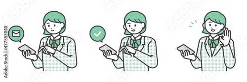 スマートフォンを操作して登録する学生の女の子のイラスト素材セット