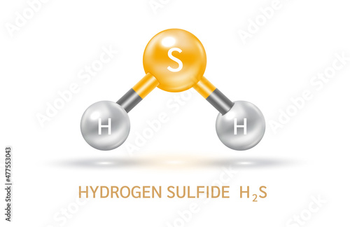 Hydrogen Sulfide H2S molecule models grey and chemical formulas scientific. Ecology and biochemistry concept. Air pollution emissions contamination with industrial pipes. Isolated spheres 3D Vector. photo