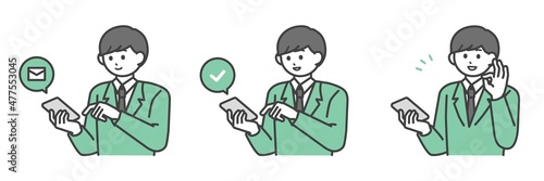 スマートフォンを操作して登録する学生の男の子のイラスト素材セット