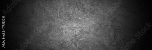 Old wall texture cement dark black gray panorama background abstract grey color design are light with white gradient background.