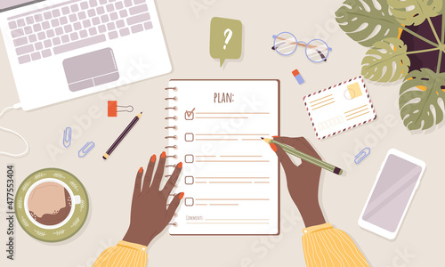 Month planning or checklist concept. African woman planning day or week. Task scheduling, work process organization and achievements of goals. Top-down view. Vector illustration in flat cartoon style.
