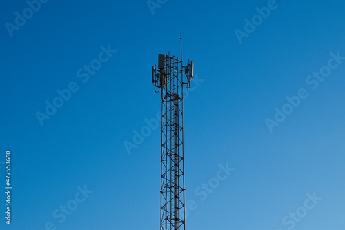 Telecommunication tower of 4G and 5G cellular. Antenna transmission communication. Cell phone signal base station.