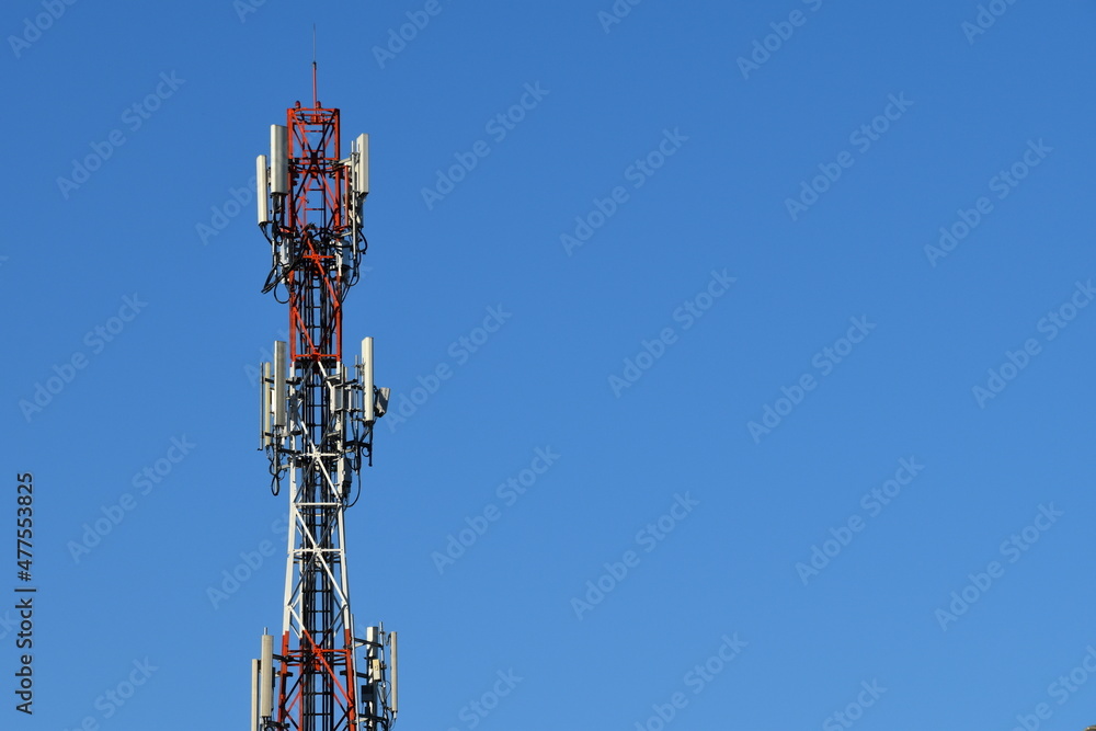 Telecommunication tower of 4G and 5G cellular. Antenna transmission communication. Cell phone signal base station.