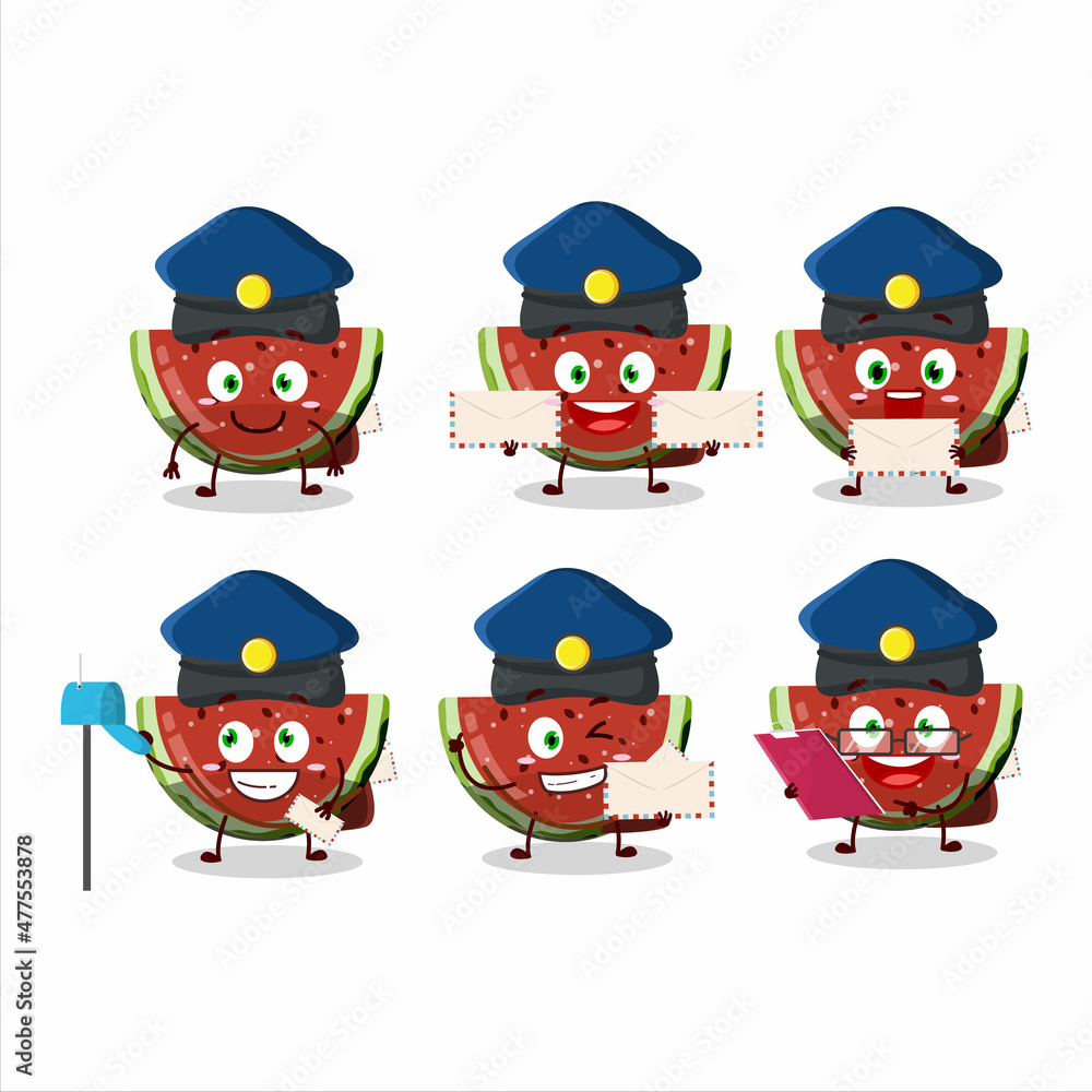 A picture of cheerful watermelon gummy candy postman cartoon design concept A picture of cheerful watermelon gummy candy postman cartoon design concept