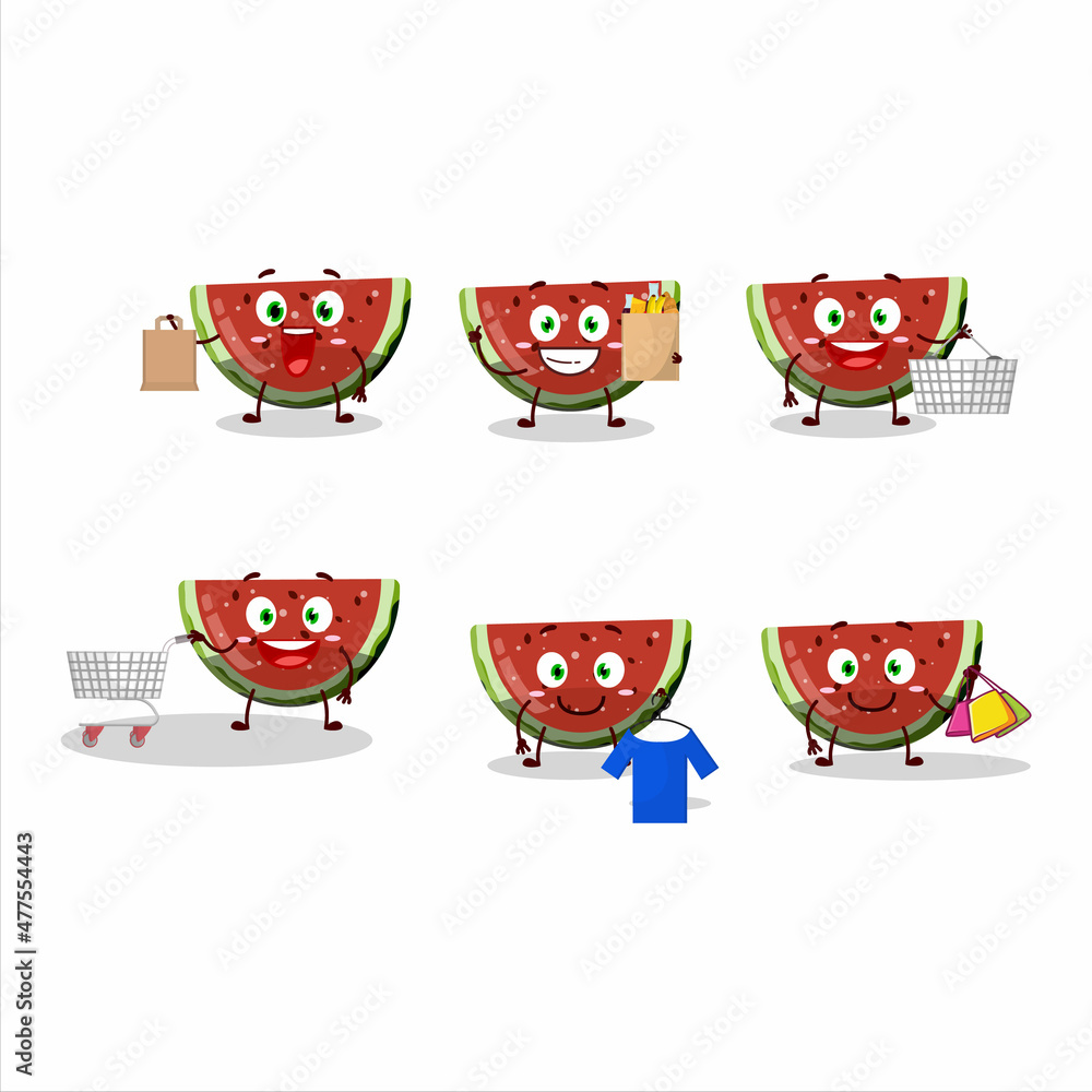 A Rich watermelon gummy candy mascot design style going shopping