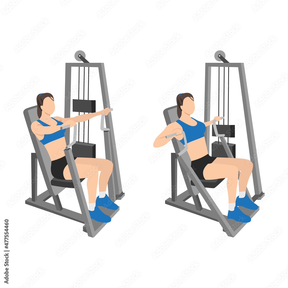 Woman doing Hammer strength machine. Seated chest press exercise. Flat  vector illustration isolated on white background. Workout character Stock  Vector