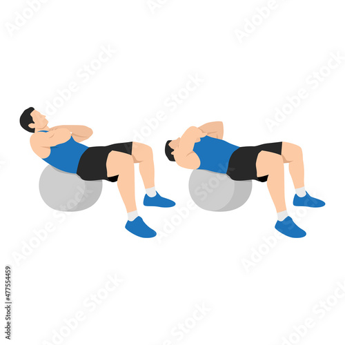Man doing stability,swiss,exercise ball crunches exercise Flat vector isolated on white background