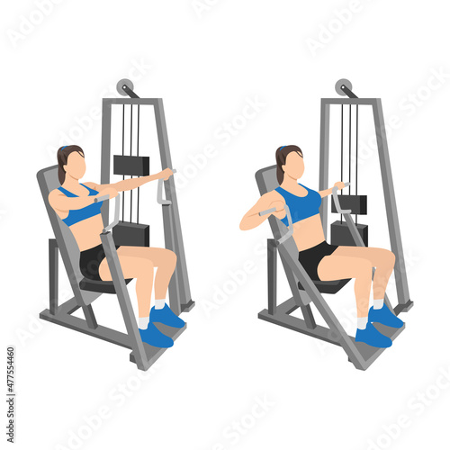 Woman doing Hammer strength machine. Seated chest press exercise. Flat vector illustration isolated on white background. Workout character