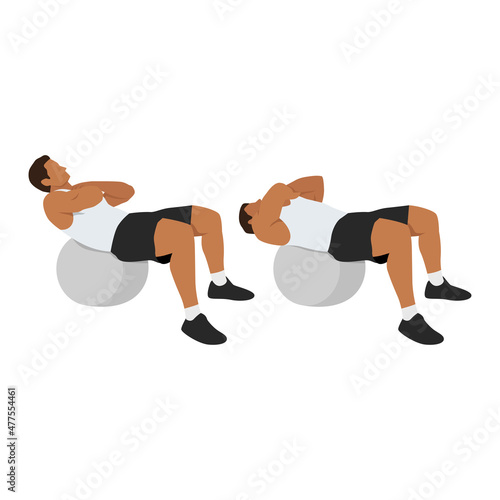 Man doing stability,swiss,exercise ball crunches exercise Flat vector isolated on white background