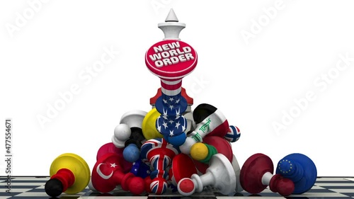 Russia is the new geopolitical leader. Chess figure - king in the US flag on the top of a pile of fallen pawns is knocked down by king in Russian flag. The falling king. New world order concept