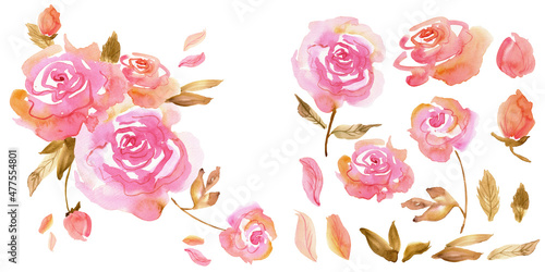 Watercolor floral elements for design of greeting cards  invitations. High quality illustration