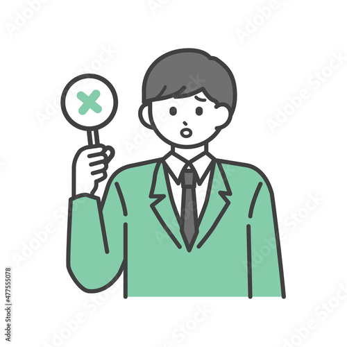 ばつの札を持つ学生の男の子のイラスト素材