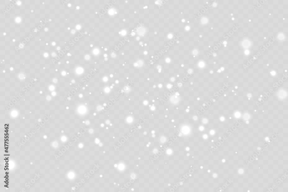 White, Shimmer, Glowing, Scatter, Falling background. Holiday decoration Christmas banner. Transparent base.