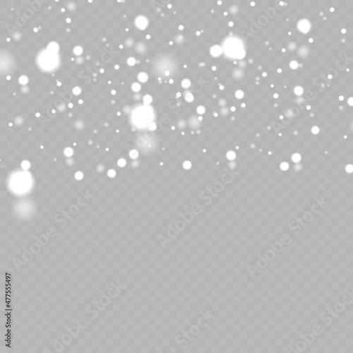 White, Shimmer, Glowing, Scatter, Falling background. Holiday decoration Christmas banner. Transparent base.