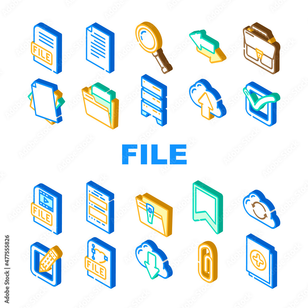 File Computer Digital Document Icons Set Vector. Graphic And Video Electronic File Load And Upload To Cloud Storage Data Center, Sharing And Transfer In Internet Isometric Sign Color Illustrations File Computer Digital Document Icons Set Vector. Graphic And Video Electronic File Load And Upload To Cloud Storage Data Center, Sharing And Transfer In Internet Isometric Sign Color Illustrations
