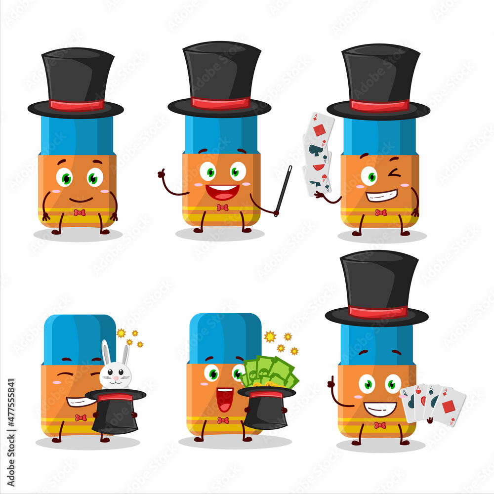 A orange eraser Magician cartoon character perform on a stage A orange eraser Magician cartoon character perform on a stage