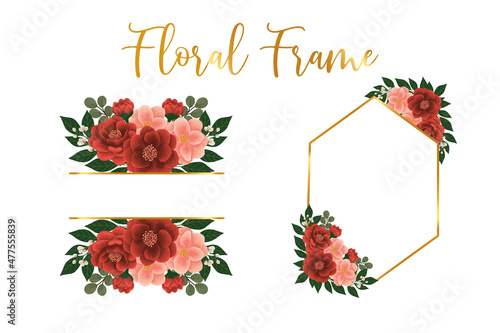Floral Frame Red Peony with Pink Camellia flower Design Template, Digital watercolor hand drawn