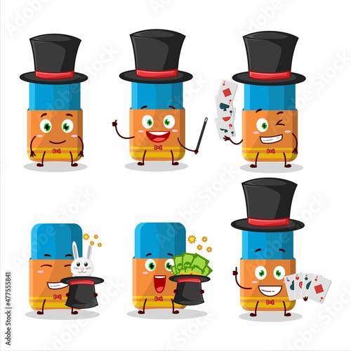 A orange eraser Magician cartoon character perform on a stage