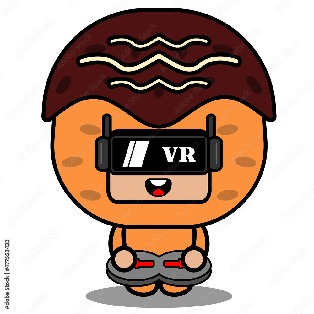 vector cartoon character cute takoyaki food mascot costume playing virtual reality game