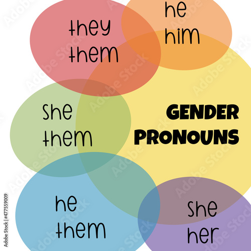 Gender Definition Pronouns speech bubbles: he, him, she, her, they, them. Shy Enby’s Guide for Cis Trans People. Vector illustration for banner, poster, sticker, t-shirt, website page advertisement.