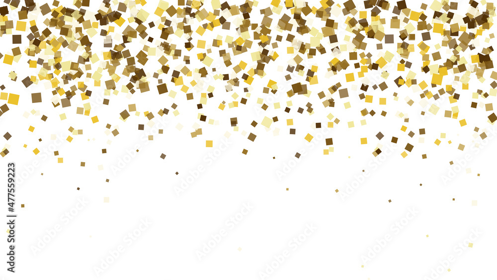 Gold square confetti isolated on white background. Vector illustration. Falling golden rectangles for party decoration, birthday celebrate, banner, anniversary or Christmas, New Year. Festival decor.