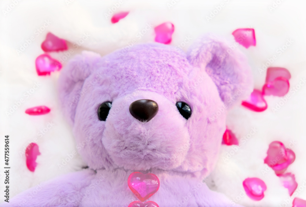 Cute teddy bear with hearts on white fluffy blanket. Valentines Day and love Concept