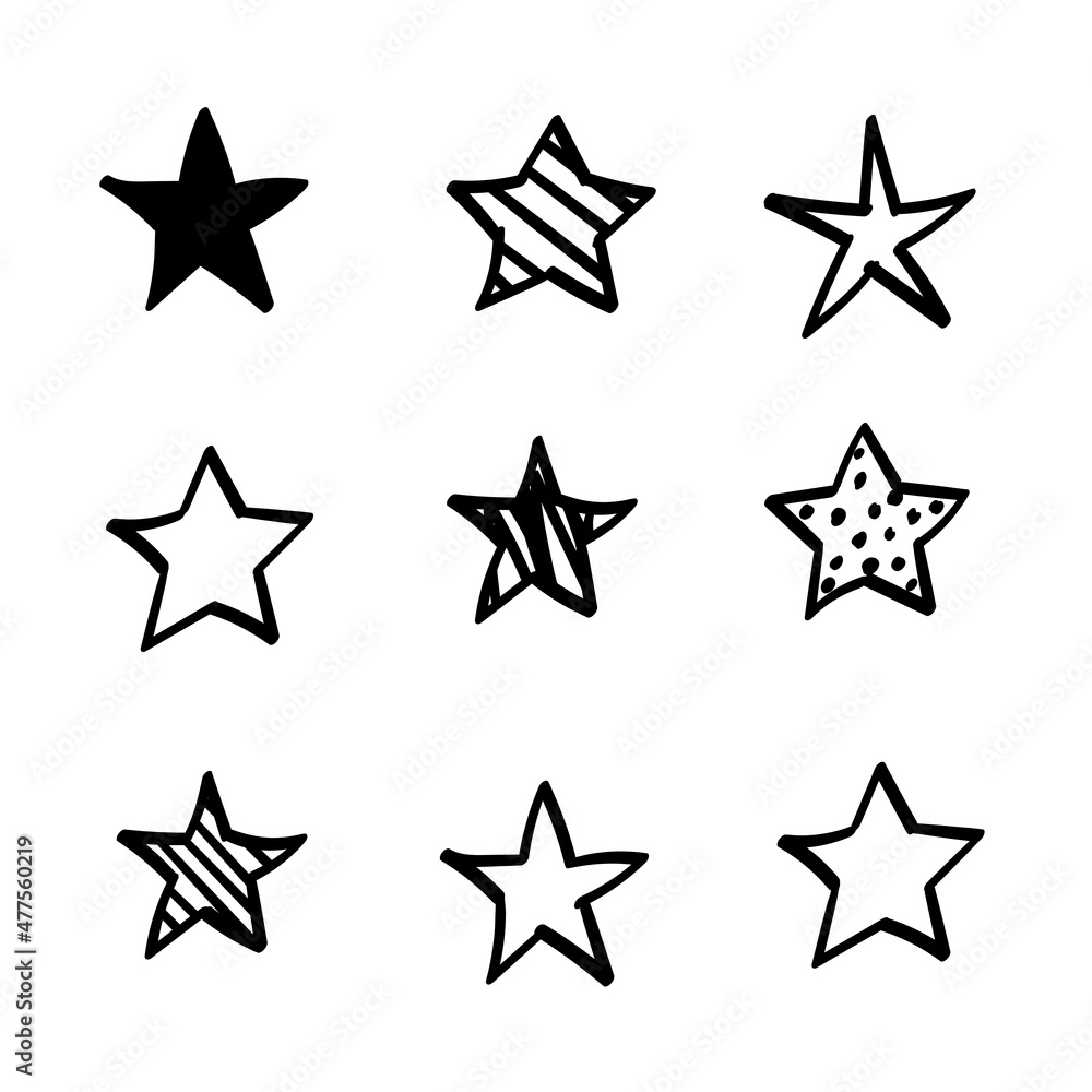 Set of 9 different hand drawn stars, rough handmade, black doodles isolated. Set of 9 different hand drawn stars, rough handmade, black doodles isolated.