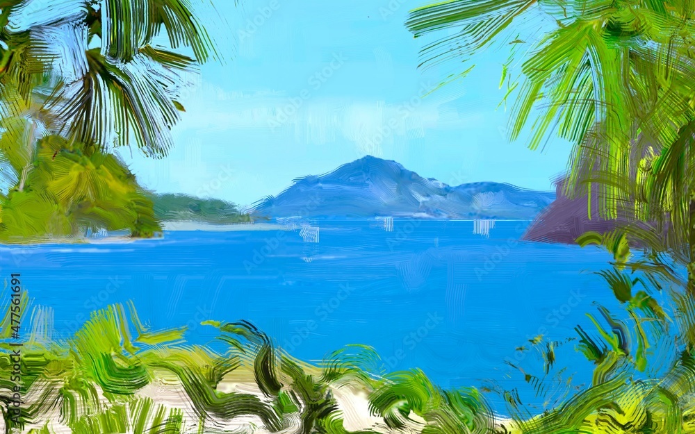 Ocean view. Wide brush painting. Hot summer. Tropical island. Digital art. Pacific atoll. 2d illustration. Blue water. - obrazy, fototapety, plakaty 