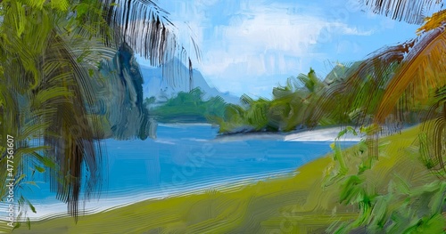 Fototapeta Ocean view. Wide brush painting. Hot summer. Tropical island. Digital art. Pacific atoll. 2d illustration. Blue water.