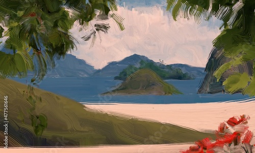 Ocean view. Wide brush painting. Hot summer. Tropical island. Digital art. Pacific atoll. 2d illustration. Blue water.