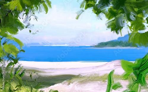 Fototapeta Naklejka Na Ścianę i Meble -  Ocean view. Wide brush painting. Hot summer. Tropical island. Digital art. Pacific atoll. 2d illustration. Blue water.