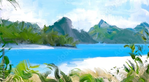 Fototapeta Ocean view. Wide brush painting. Hot summer. Tropical island. Digital art. Pacific atoll. 2d illustration. Blue water.