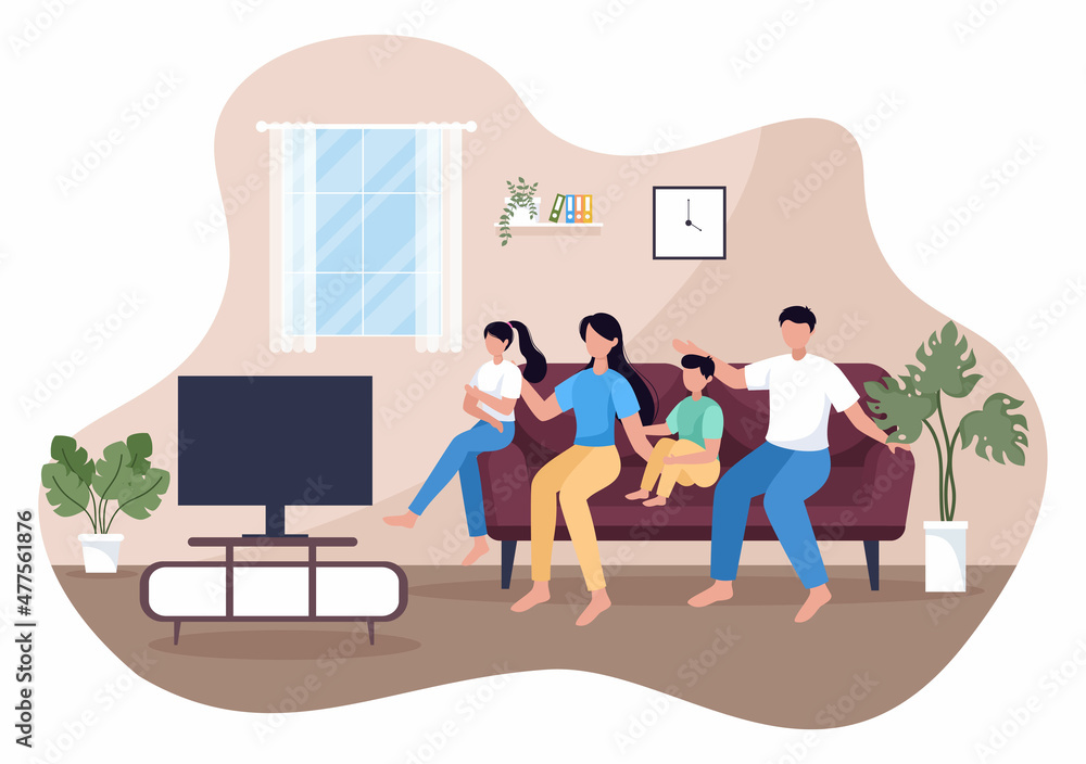 Family Time of Joyful Parents and Children Spending Time Together at Home Doing Various Relaxing Activities in Cartoon Flat Illustration for Poster or Background