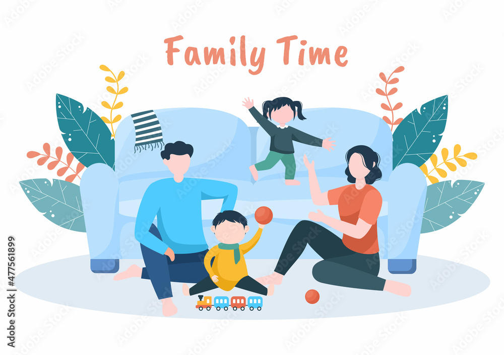 Family Time of Joyful Parents and Children Spending Time Together at Home Doing Various Relaxing Activities in Cartoon Flat Illustration for Poster or Background Family Time of Joyful Parents and Children Spending Time Together at Home Doing Various Relaxing Activities in Cartoon Flat Illustration for Poster or Background
