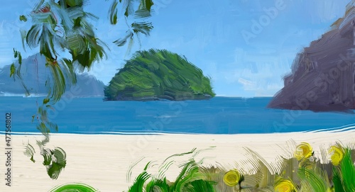 Fototapeta Ocean view. Wide brush painting. Hot summer. Tropical island. Digital art. Pacific atoll. 2d illustration. Blue water.