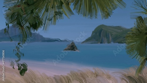 Ocean view. Wide brush painting. Hot summer. Tropical island. Digital art. Pacific atoll. 2d illustration. Blue water.