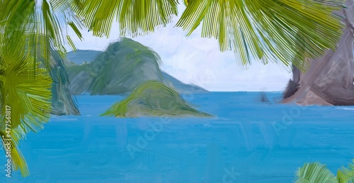 Ocean view. Wide brush painting. Hot summer. Tropical island. Digital art. Pacific atoll. 2d illustration. Blue water.